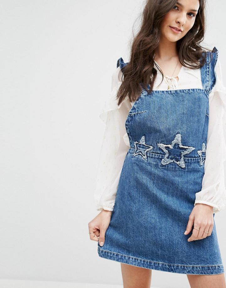 Mango Denim Overall Dress With Stars Embroidery - Blue
