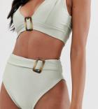 Prettylittlething High Waisted Bikini Bottoms With Tortoiseshell Belt Detail In Sage - Green