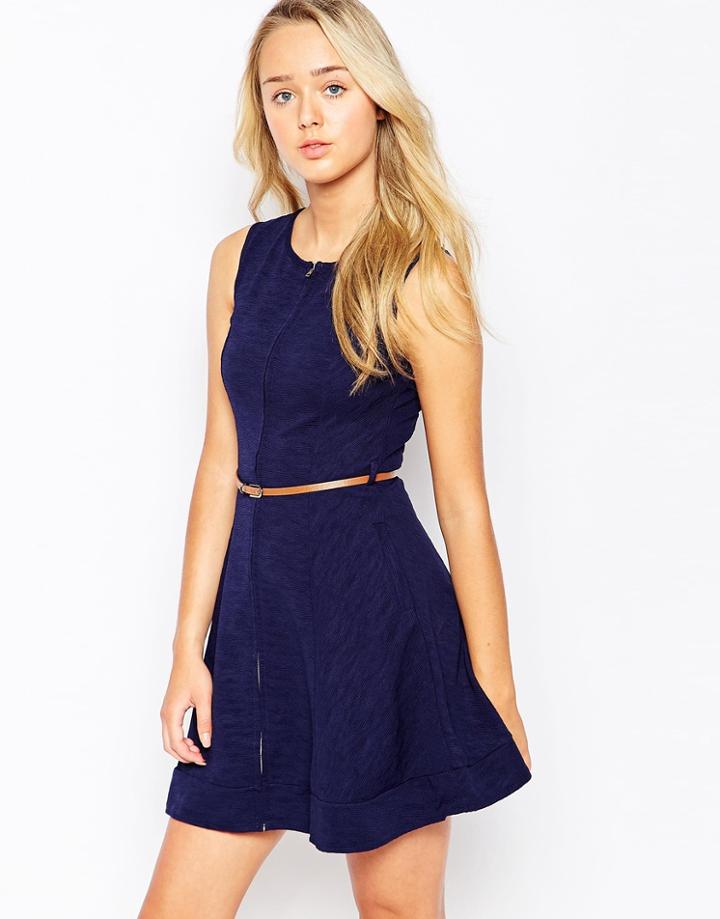 Iska Zip Front Dress With Belt - Navy