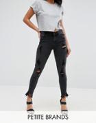 New Look Petite Busted Knee Fringe Skinny Jeans - Black