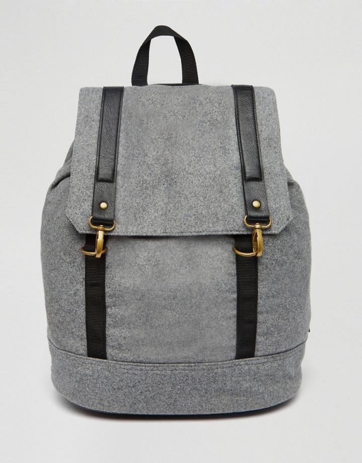 Asos Backpack With Metal Clips In Melton - Gray