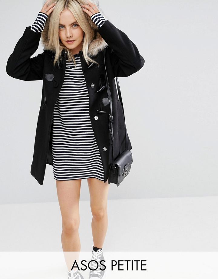 Asos Petite Duffle Coat With Faux Fur Hood - Black