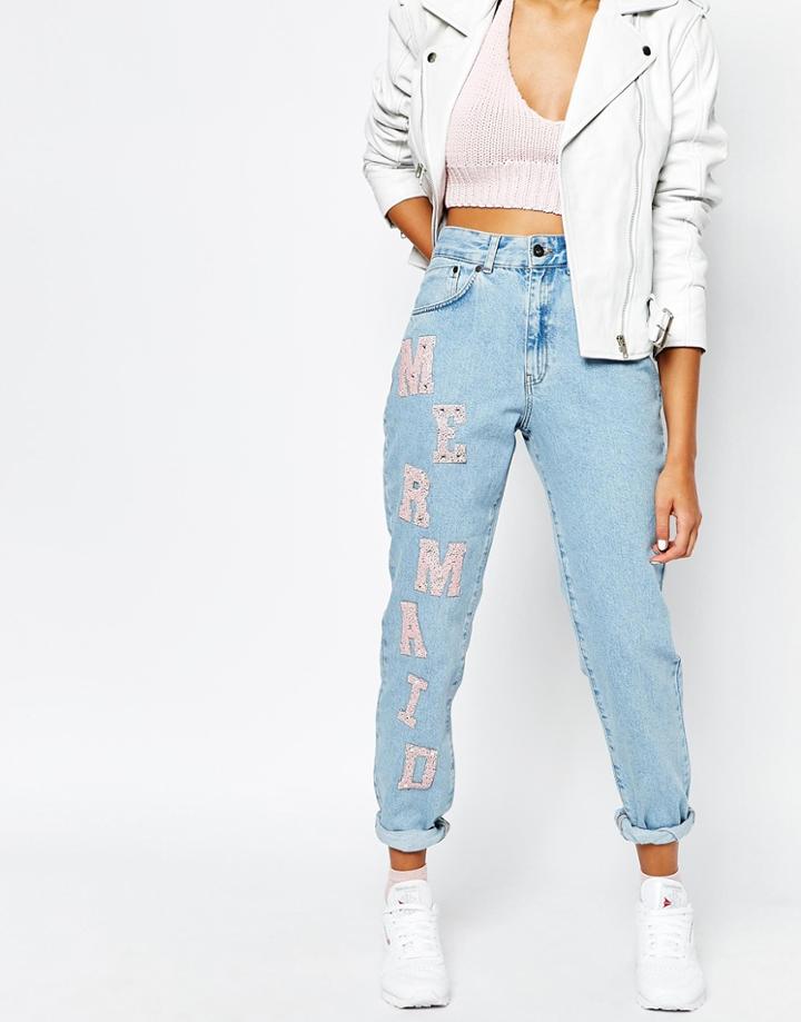 The Ragged Priest Mom Jeans With Mermaid Patches - Blue