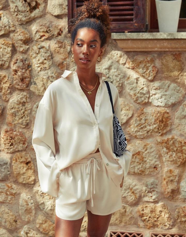 4th & Reckless X Amaka Hamelijnck Satin Shirt In Sugar Swizzle - Part Of A Set-white