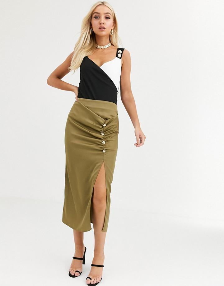 River Island Ruched Side Split Skirt In Khaki