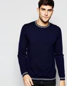 Asos Merino Wool Mix Sweater With Stripe Rib And Cuffs - Navy