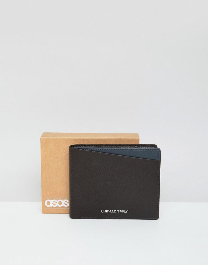 Asos Design Leather Bifold Wallet In Brown With Gray Insert - Brown