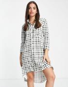 Asos Design Dip Hem Long Sleeve Shirt Dress In Khaki Check Print-red