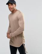 Asos Longline Long Sleeve T-shirt With Drawstring - Beige