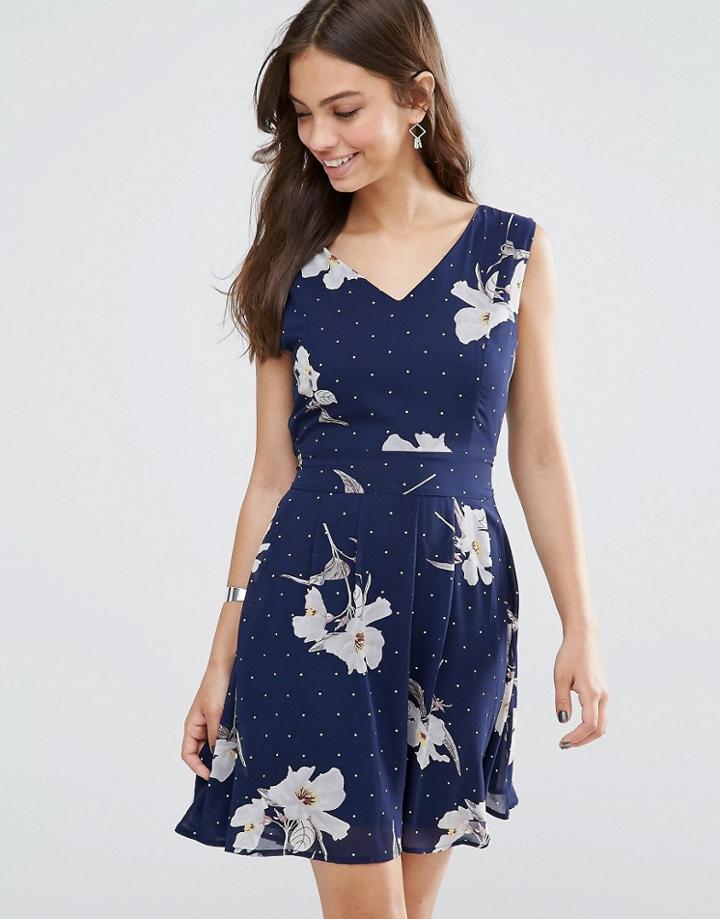 Yumi Tie Back Skater Dress In Floral & Polka Dot - Navy