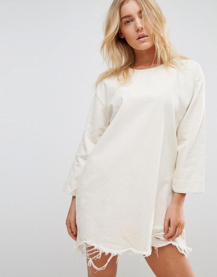 Waven Eira Destroyed Hem Denim Dress - Cream