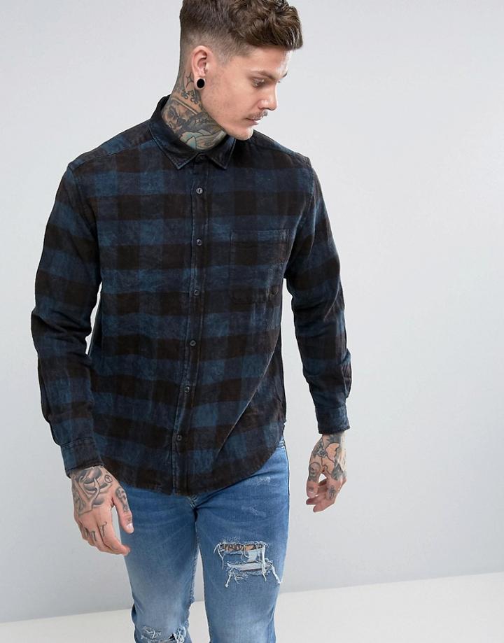 Asos Oversized Buffalo Plaid Shirt With Acid Wash - Navy