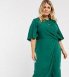 Asos Design Curve Twist Front Midi Dress With Angel Sleeve-green