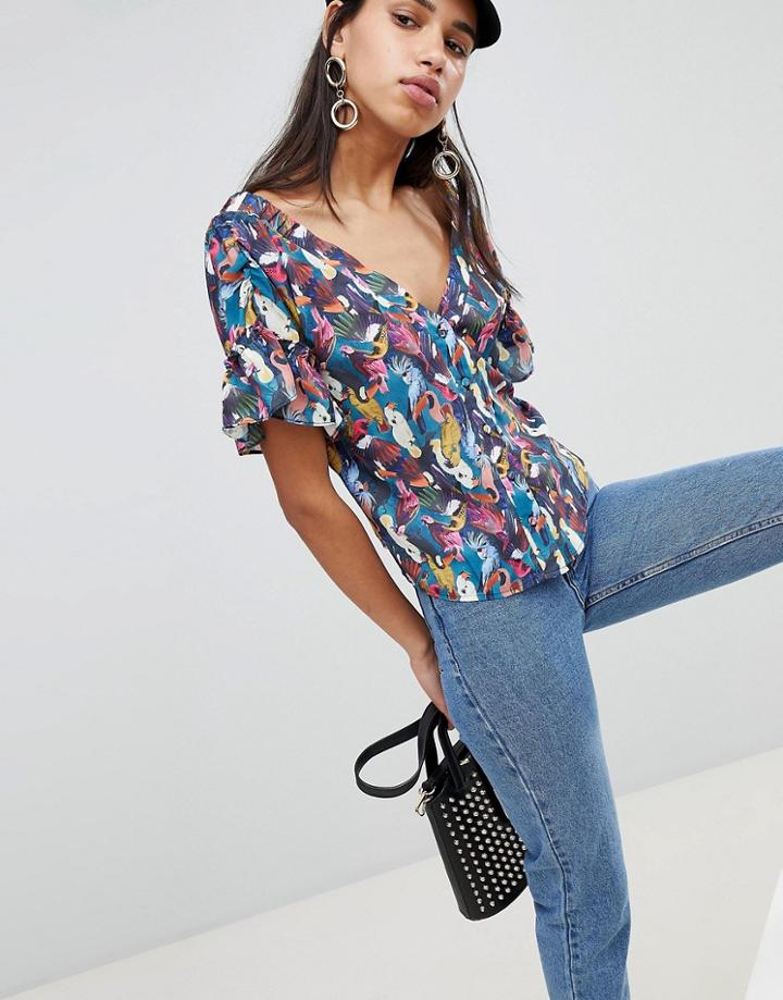 Lost Ink Crop Blouse In Parrot Print - Multi