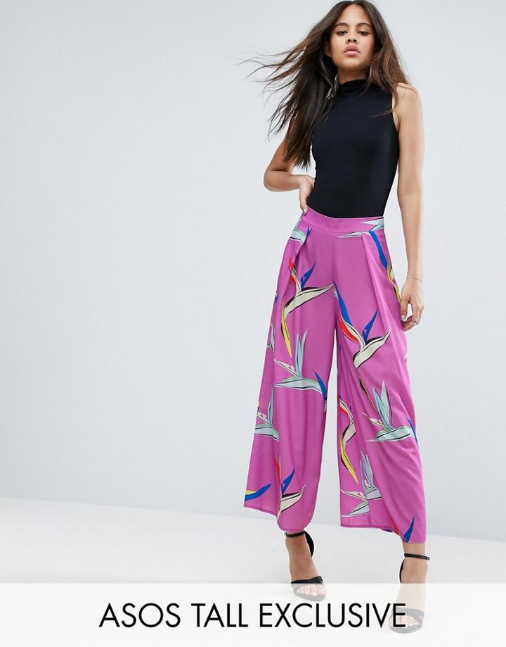 Asos Tall Exclusive Bird Print Wide Leg Culottes - Multi