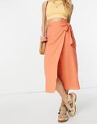 Asos Design Wrap Midaxi Skirt With Wrap Around Tie Detail Terracotta-pink