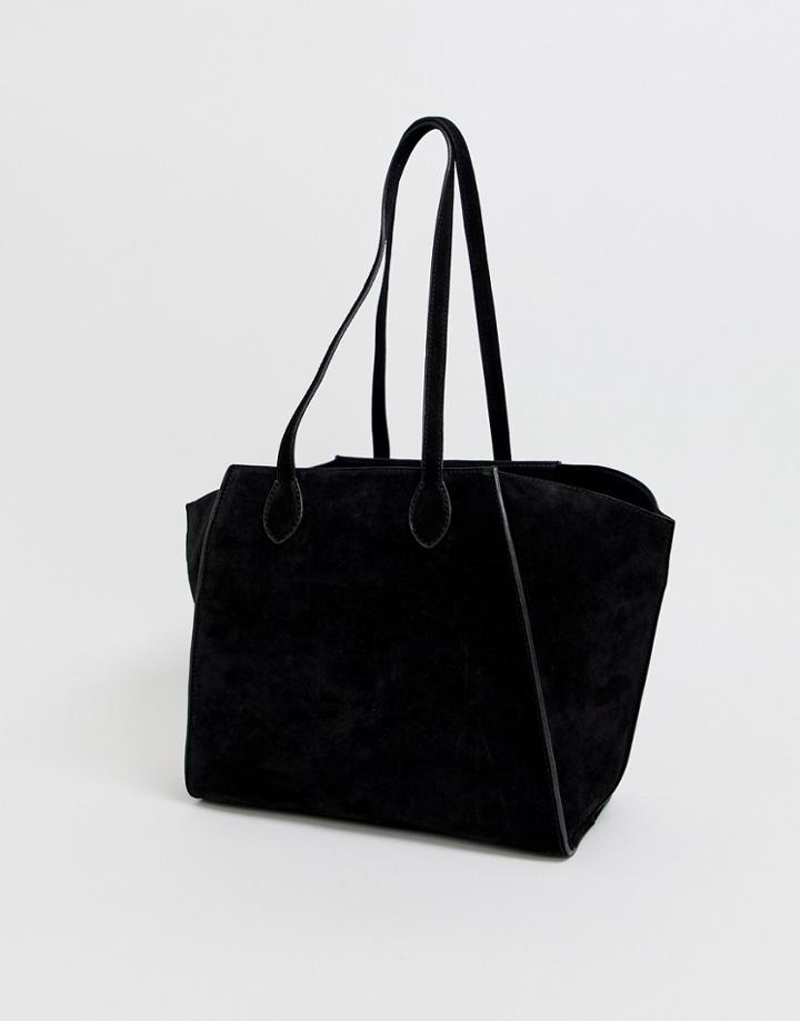 Asos Design Suede Bonded Winged Shopper Bag With Removable Pouch-black