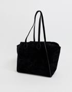 Asos Design Suede Bonded Winged Shopper Bag With Removable Pouch-black