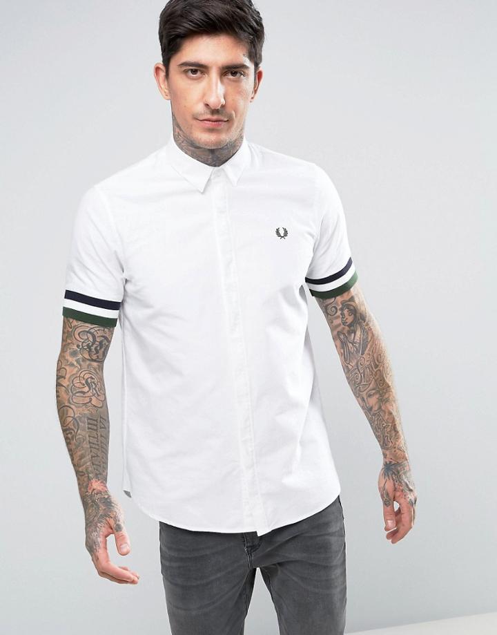 Fred Perry Short Sleeve Oxford Shirt With Striped Cuff In White - White