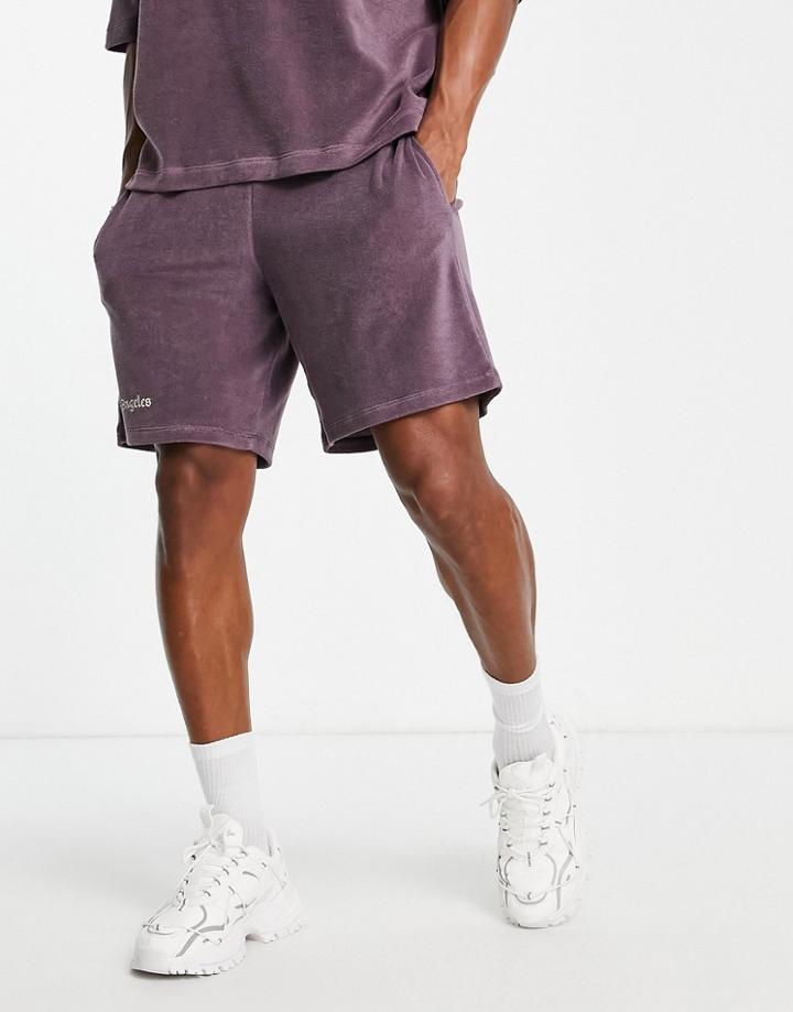 Asos Design Relaxed Short With City Embroidery In Burgundy Towelling - Part Of A Set-red