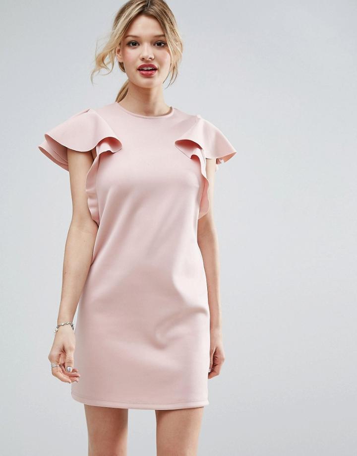 Asos Double Ruffle Sleeve Shift Dress - Beige