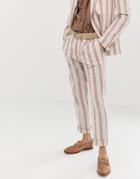 Asos Design Skinny Suit Pants In Cream Linen Stripe - White