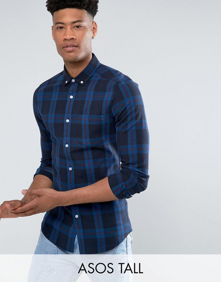 Asos Tall Skinny Blackwatch Check Shirt - Navy