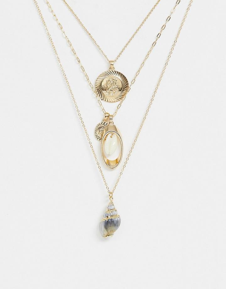 Asos Design Multirow Necklace With Faux Shell And Vintage Style Charms In Gold