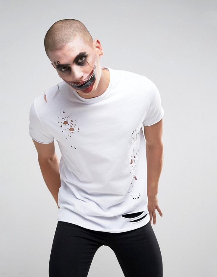 Asos Halloween Longline T-shirt With Extreme Distress In White - White