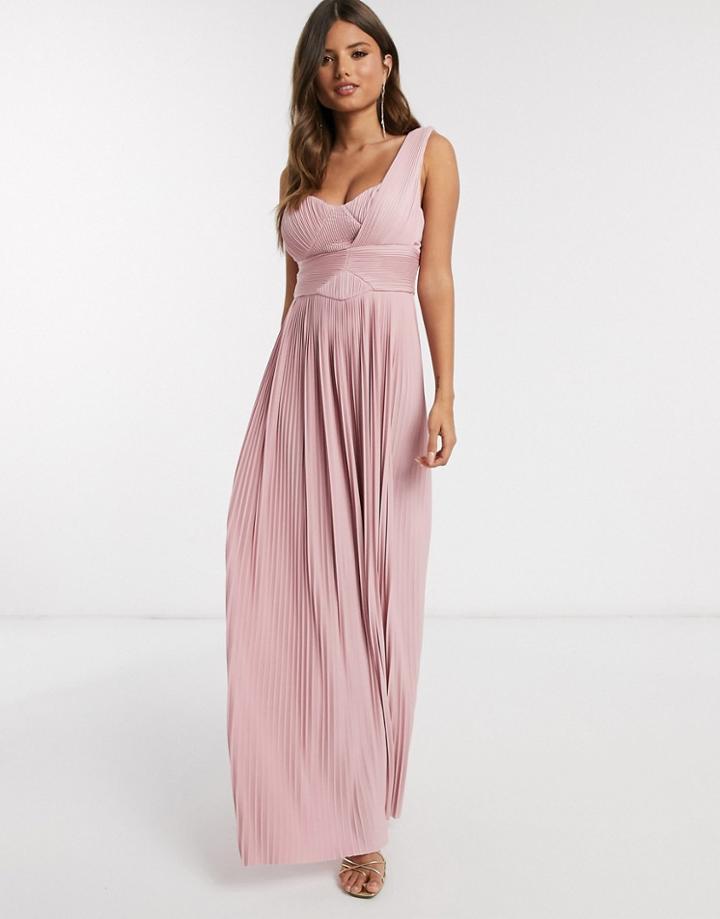 Asos Design Premium One Shoulder Pleated Panel Maxi Dress In Soft Pink