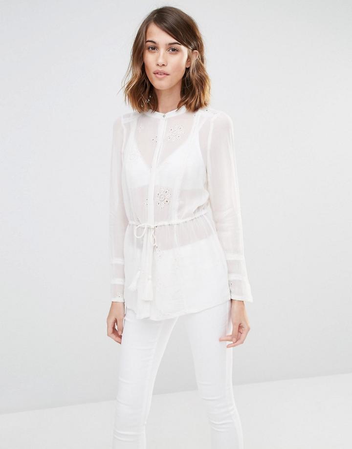 Warehouse Embroidered Button Through Blouse - Cream