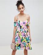 Asos Design Cold Shoulder Floral Print Prom Dress - Multi