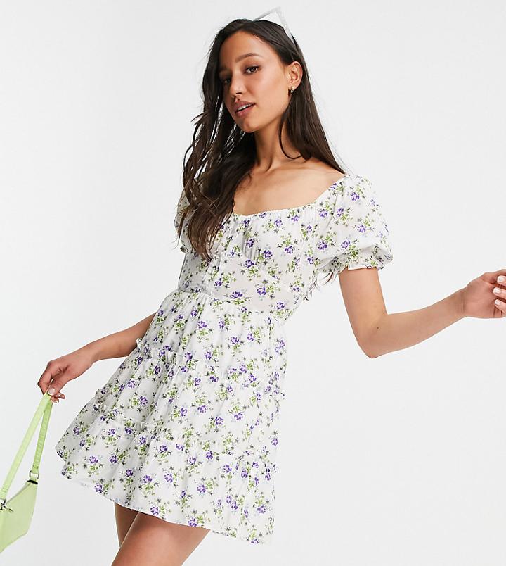 Influence Tall Cotton Poplin Floral Tea Dress In White Floral-multi