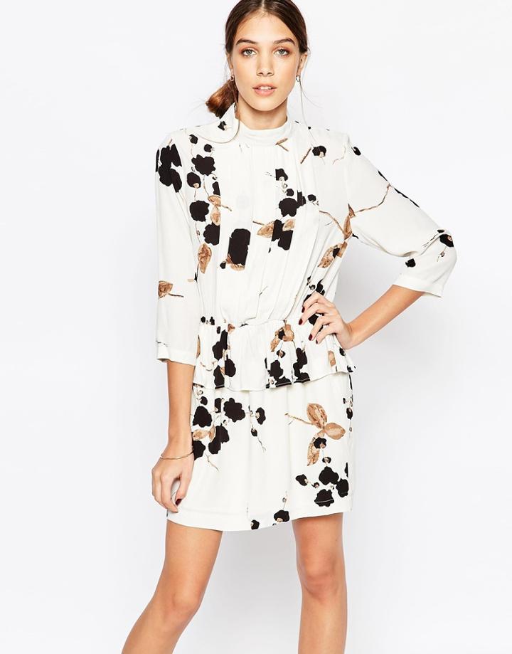 Ganni Crepe Peplum Dress In Floral Print - White 104