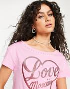 Love Moschino Pearl Trim Glitter Logo T-shirt In Pink