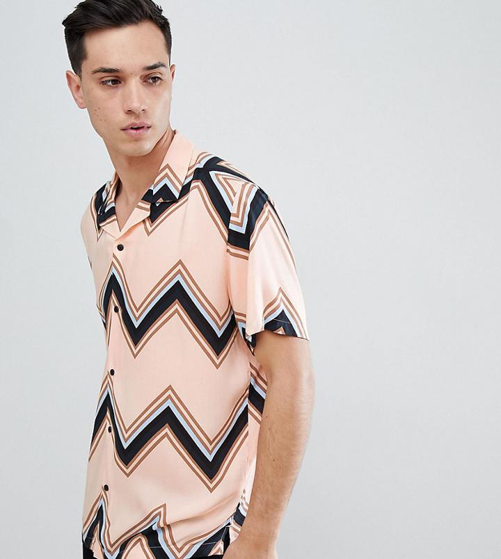 Asos Design Tall Oversized Chevron Stripe Shirt In Pink - Pink