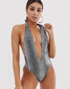 Jaded London Deep Plunge Swimsuit In Silver Metallic Snake-multi