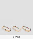 Asos Design Curve Exclusive Pack Of 3 Rings With Multicolor Jewels In Gold - Gold