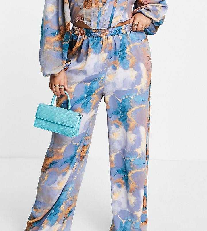 Missguided Plus Satin Wide Leg Pants In Abstract Print-multi
