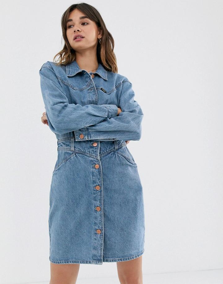 Wrangler Button Through Denim Dress With Seam Detail - Blue