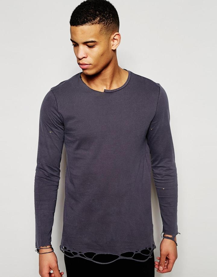 Asos Distress Hem Longline Long Sleeve T-shirt - Washed Black