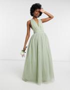 Asos Design Tulle Plunge Maxi Dress With Bow Back Detail In Sage-blues