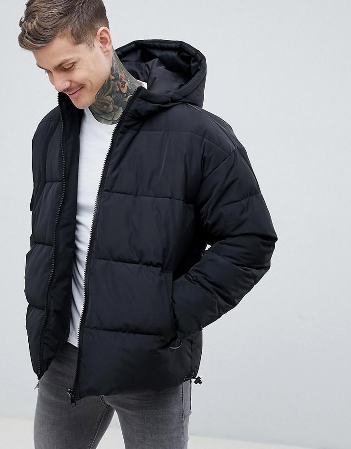 Asos Design Puffer Jacket With Hood In Black
