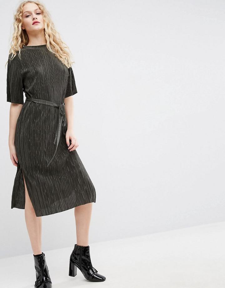 Asos Midi Dress In Plisse With Self Tie Belt - Green