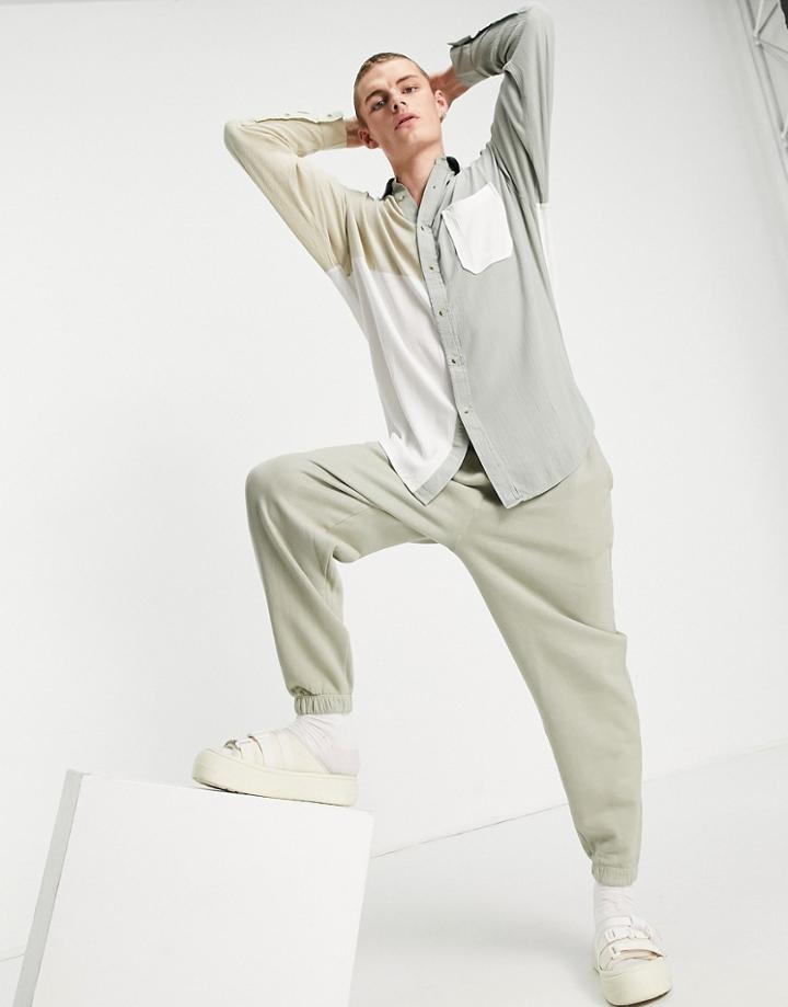 Asos Design Drop Shoulder Wrinkle Viscose Oversized Shirt In Color Block-neutral