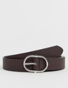 Asos Design Faux Leather Slim Belt In Brown With Silver Oval Buckle - Brown