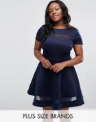 Club L Plus Office Skater Dress With Mesh Insert - Navy
