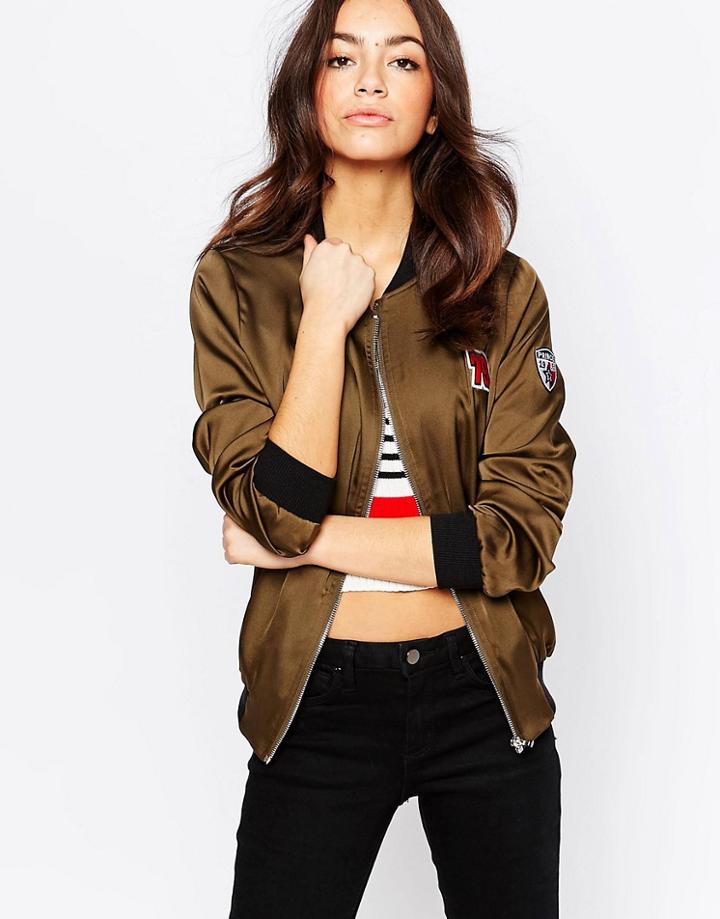 New Look Badged Bomber Jacket - Green