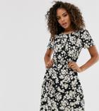 New Look Tall Button Through Tie Front Tea Dress In Ditsy Floral - Black