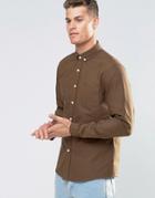 Asos Oxford Shirt In Khaki With Long Sleeves In Regular Fit - Khaki